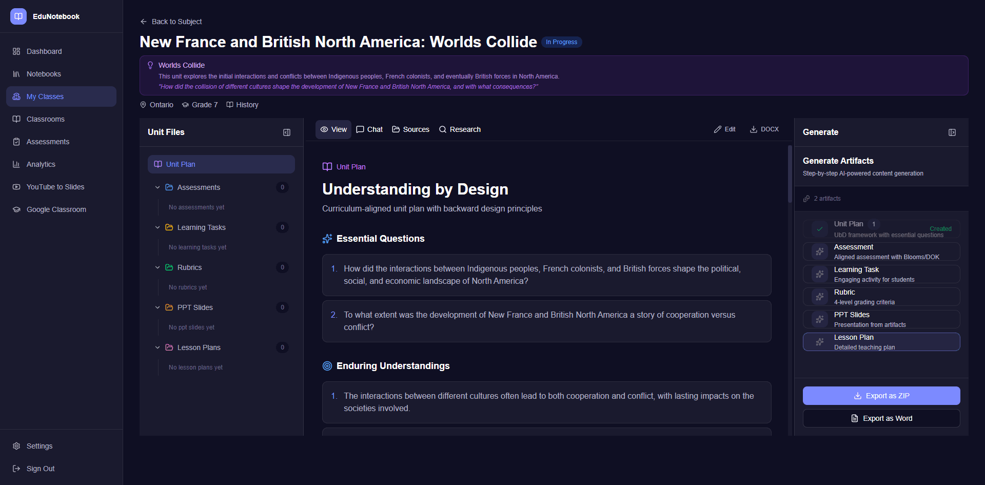 EduNotebook AI Unit Plan Builder - three-panel layout with UbD-aligned content generation