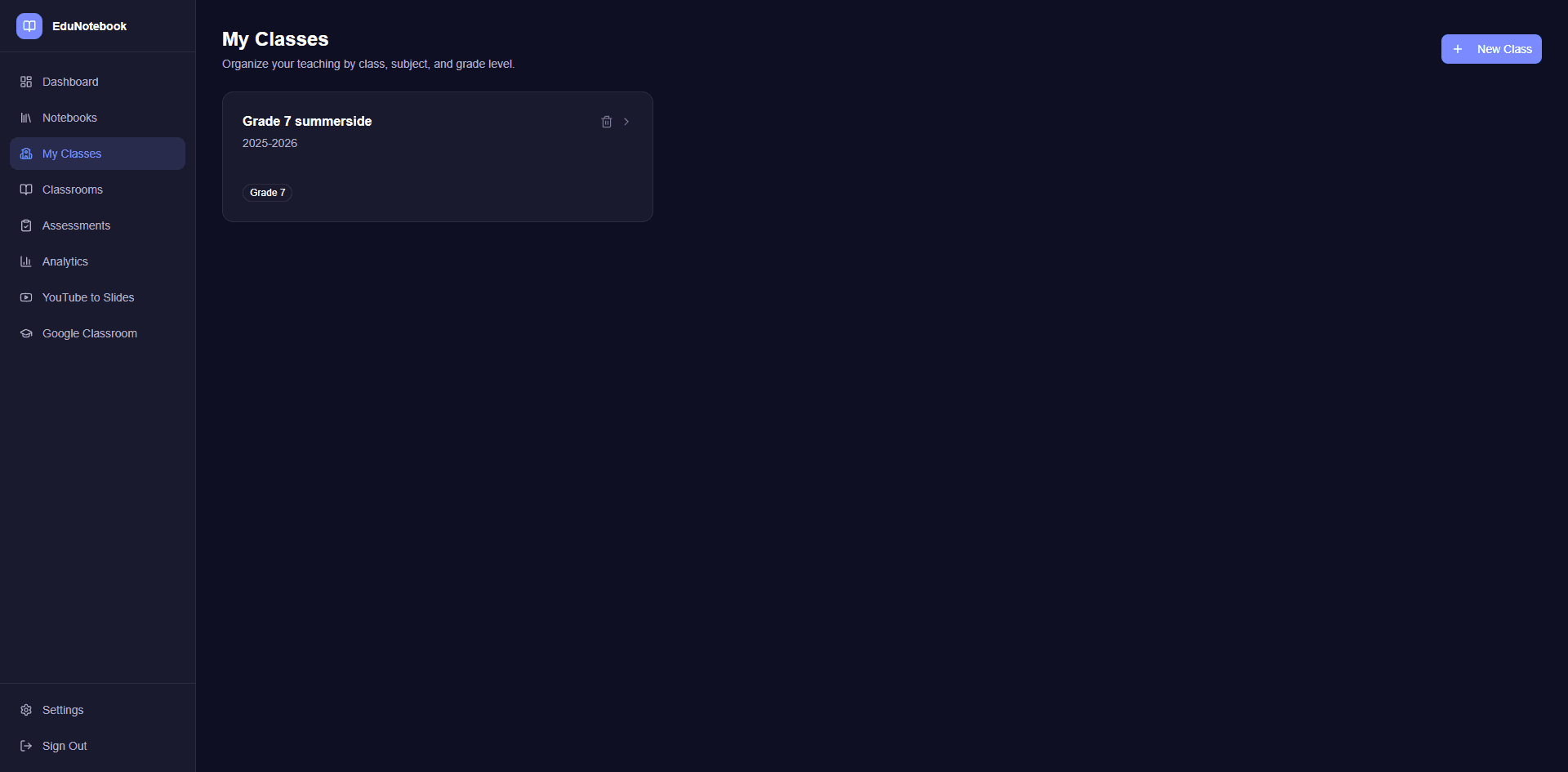 My Classes page with class cards showing grade and subject badges