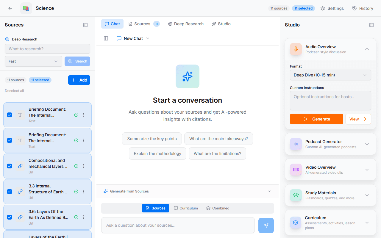 Notebook workspace with sources panel and AI chat for generating curriculum artifacts