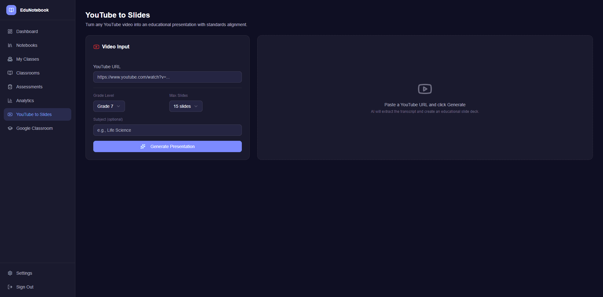 YouTube to Slides converter with URL input and grade level selector