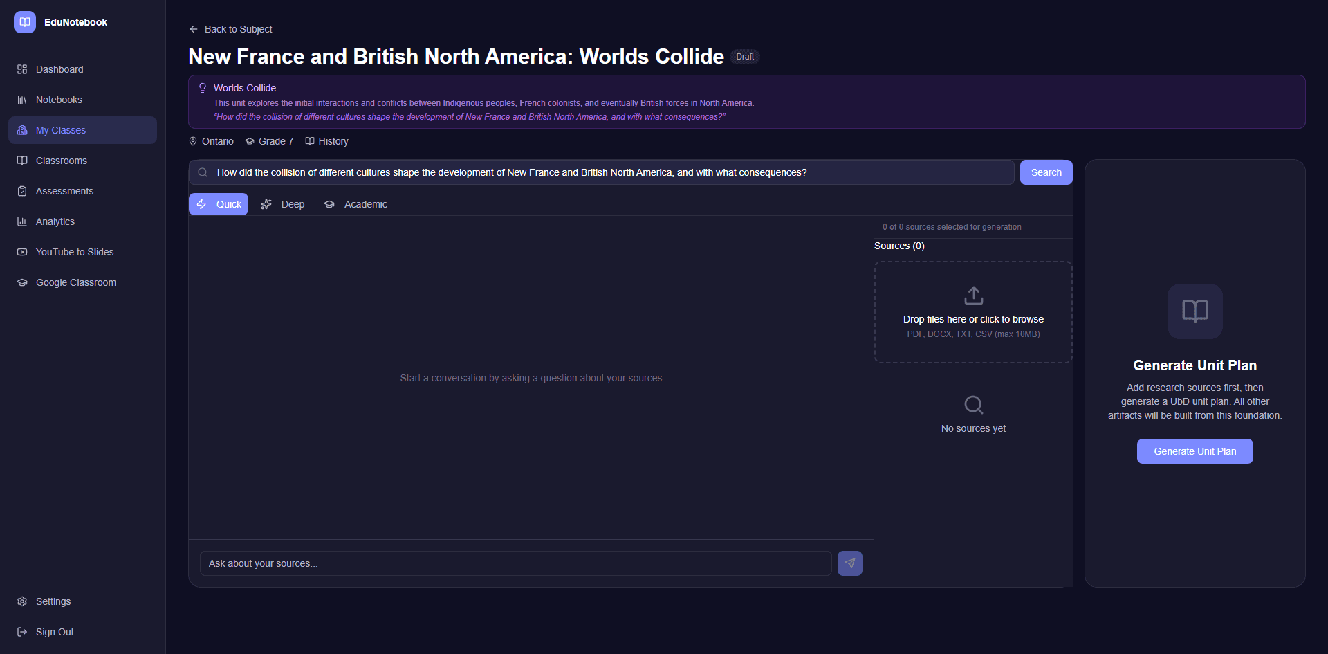Research workspace with search bar, source panel, and file upload
