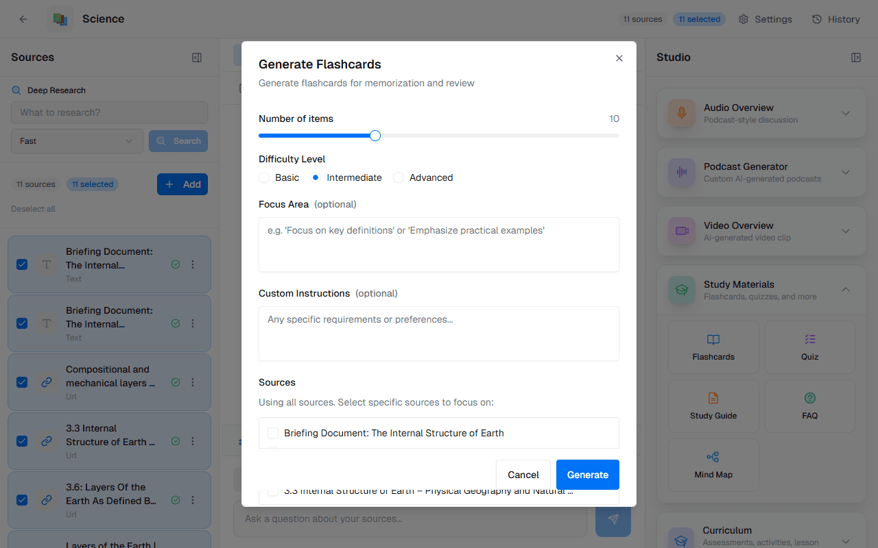 Flashcard viewer with flip-card interface showing curriculum Q&A